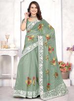 Dusty Pista Organza Tradional Wear Embroidery Work Saree