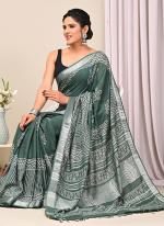 Green Linen Cotton Casual Wear Bagru Prited Saree