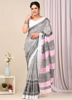 Grey Linen Cotton Casual Wear Bagru Prited Saree