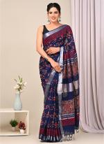 Navy Blue Linen Cotton Casual Wear Bagru Prited Saree