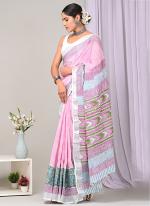 Pink Linen Cotton Casual Wear Bagru Prited Saree