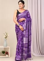 Purple Linen Cotton Casual Wear Bagru Prited Saree