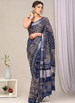 Navy Blue Linen Cotton Casual Wear Bagru Prited Saree