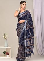 Navy Blue Linen Cotton Casual Wear Bagru Prited Saree