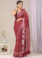 Red Linen Cotton Casual Wear Bagru Prited Saree