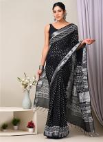 Black Linen Cotton Casual Wear Bagru Prited Saree