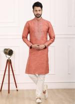 Peach Art Banarasi Silk Festival Wear Thread Work Kurta Pajama