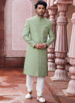 Green Art Silk Party Wear Thread Work Sherwani