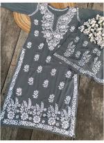 Grey Modal Cotton Traditional Wear Lucknowi Kurti With Palazzo