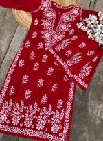 Red Modal Cotton Traditional Wear Lucknowi Kurti With Palazzo