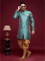 Teal Banarasi Jacquard Tradional Wear Weaving Peshawari Indo Western