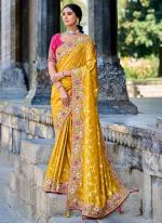 Yellow Gadhwal Wedding Wear Hand Work Saree