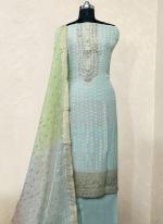 Organza Sky Blue Traditional Wear Hand Work Dress Material