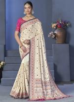 Cream Banarasi Silk Reception Wear Kachhi Work Saree