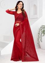 Red Net Party Wear Embroidery Work Saree