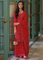 Red Georgette Party Wear Embroidery Work Readymade Salwar Suit