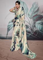 Cream Satin Crepe Party Wear Digital Printed Saree