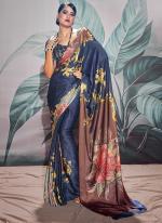 Navy Blue Satin Crepe Party Wear Digital Printed Saree