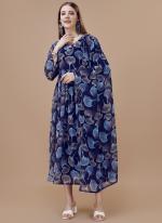 Blue Faux Georgette Casual Wear Printed Gown With Dupatta