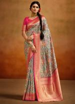 Grey Tussar Silk Tradional Wear Printed Saree