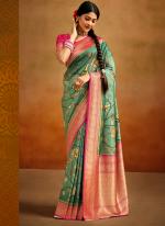 Teal Tussar Silk Tradional Wear Printed Saree