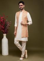 Peach Art Banarasi Silk Festival Wear Digital Printed Kurta Pajama With Jacket