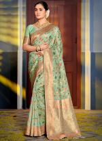 Pista Green Banarasi Silk Festival Wear Weaving Saree