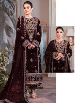 Wine Velvet Wedding Wear Embroidery Work Pakistani Suit