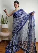 Navy Blue Linen Casual Wear Digital Printed Saree