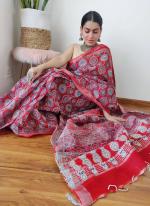 Red Linen Casual Wear Digital Printed Saree