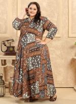 Brown Rayon Casual Wear Printed Plus Size Gown