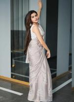 Grey Soft Chinnon Tradional Wear Lace Work Saree