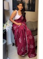 Wine Soft Chinnon Tradional Wear Lace Work Saree