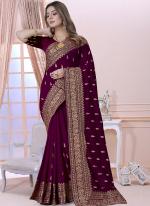 Wine Vichitra Silk Festival Wear Embroidery Work Saree