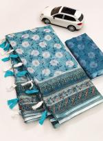 Blue Linen Daily Wear Digital Printed Saree