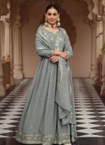 Grey Georgette Party Wear Embroidery Work Gown With Dupatta