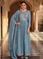 Sky Blue Georgette Party Wear Embroidery Work Gown With Dupatta