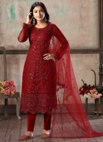 Maroon Net Party Wear Sequins Work Straight Suit
