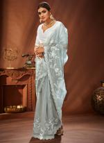 Grey Khadi Organza Traditional Wear Embroidery Work Saree