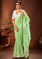 Light Green Khadi Organza Traditional Wear Embroidery Work Saree