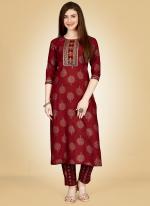 Maroon Rayon Casual Wear Embroidery Work Kurti With Pant