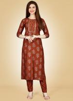 Rust Rayon Casual Wear Embroidery Work Kurti With Pant