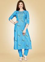 Sky Blue Rayon Casual Wear Embroidery Work Kurti With Pant