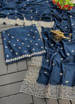 Blooming Vichitra Navy Blue Festival Wear Embroidery Work Saree