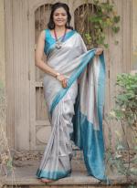 Soft Silk Light Grey Traditional Wear Embroidery Work Saree