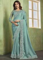 Shimmer Satin Sky Blue Party Wear Embroidery Work Saree