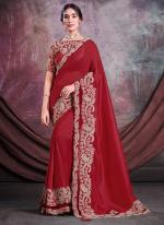 Vichitra Blooming Red Wedding Wear Embroidery Work Saree