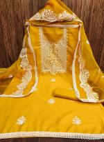Cotton Mustard Casual Wear Embroidery Work Dress Material