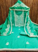 Cotton Teal Casual Wear Embroidery Work Dress Material