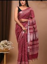 Linen Red Casual Wear Printed Saree